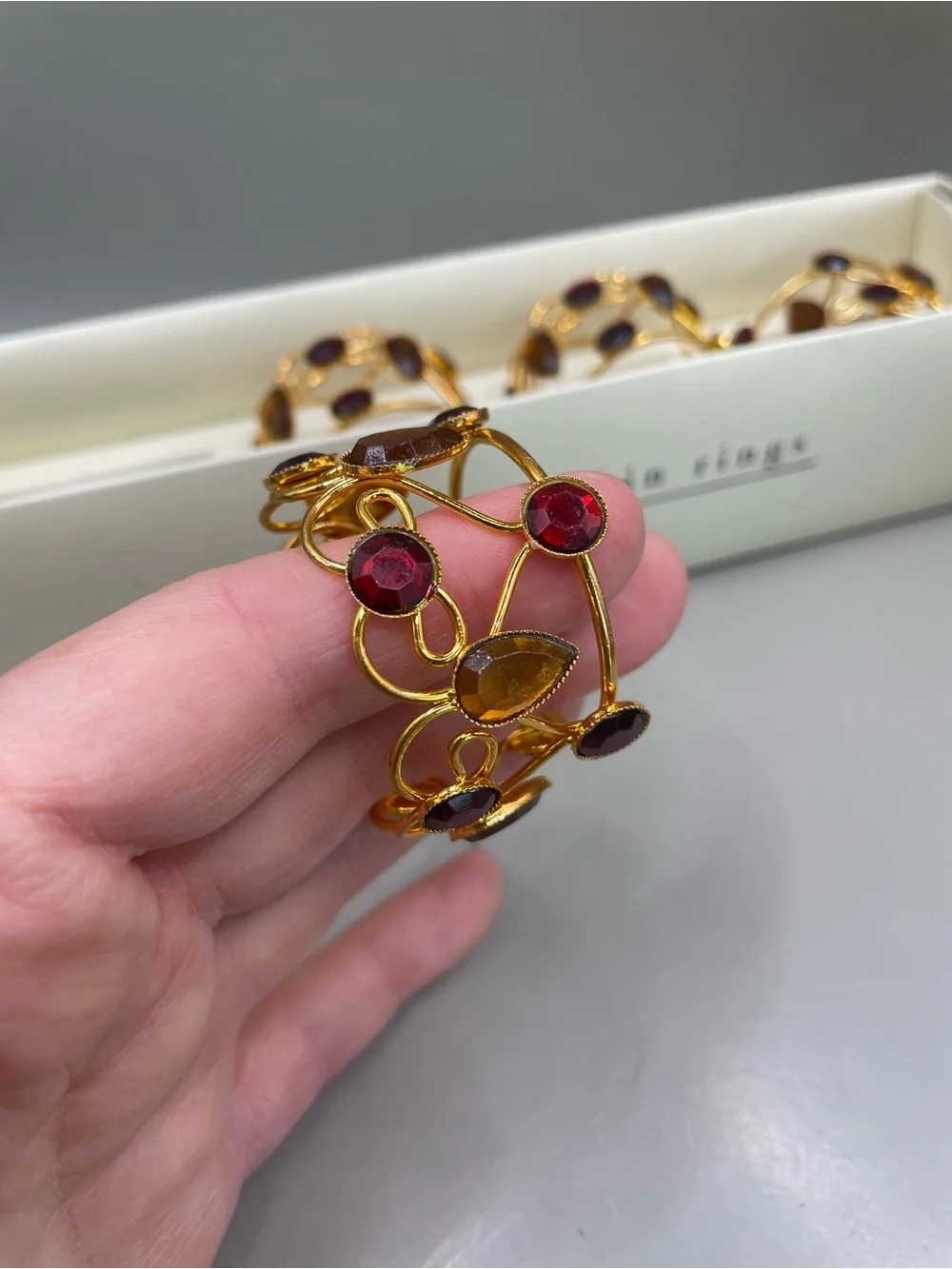 Pier One Imports Napkin Rings GoldTone Red & Amber Rhinestones Jeweled Set Of 4
